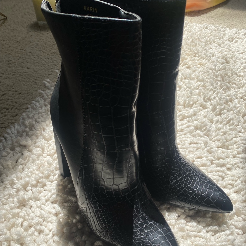 Black high heel snake skin booties